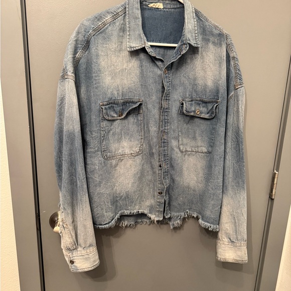 Aaron & Amber Tops - Washed Light Blue Denim Button-Down Shirt